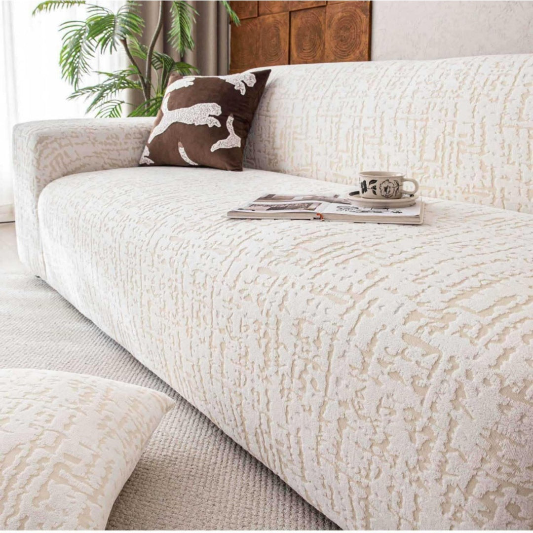 Seduta imbottita beige con ante con braccioli